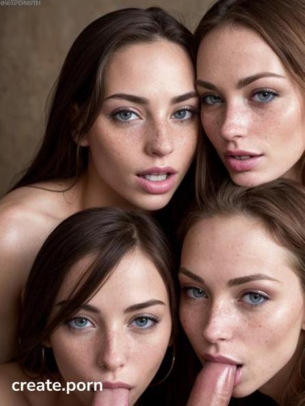 one woman is black and the other is white with freckles, detailed faces, a photo of two women suckin